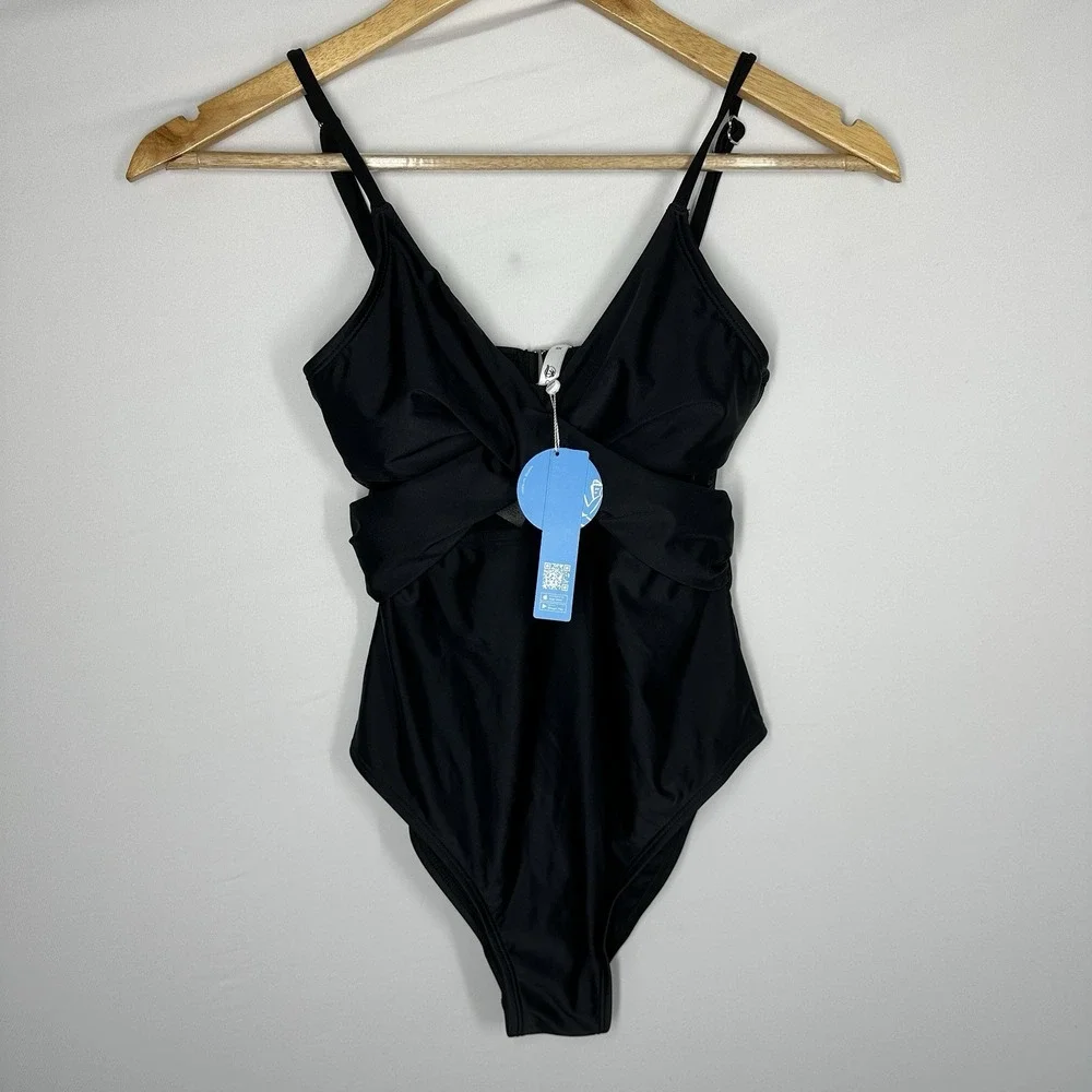 Cupshe #DASL1151BB Solid Mesh Wrap Front Cutout Black One Piece Swimsuit XS